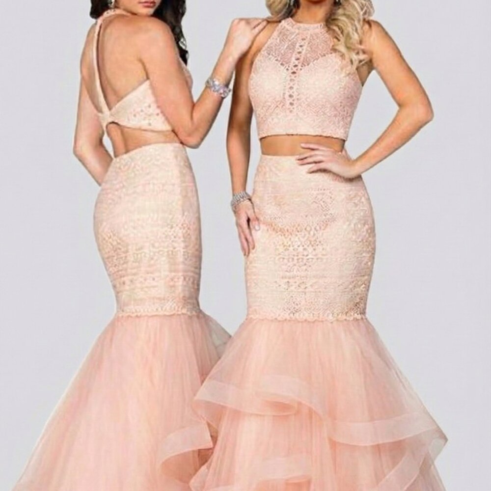 Envious couture Pink Beaded Lace Crochet and Tulle 2 Piece Gown Prom
